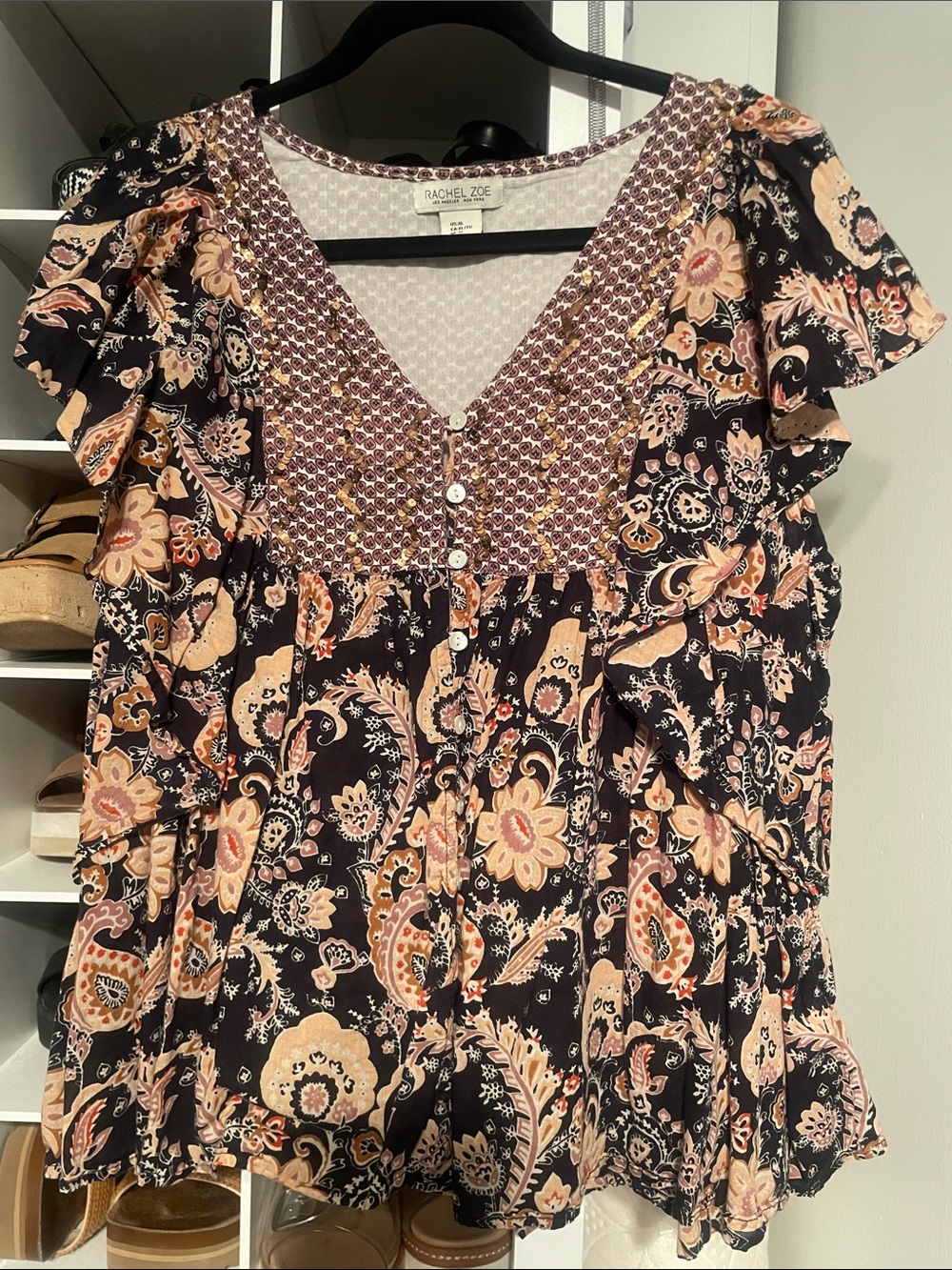 Rachel Zoe Black Paisley Floral V-Neck Button Blouse